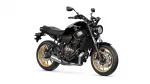 Black Yamaha sport motorcycle seen from the side with gold alloy wheels and prominent front headlight shine.