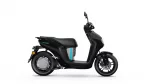 Side profile of a black Yamaha scooter with blue accents on a white background, showing the seat, handlebars, and wheels