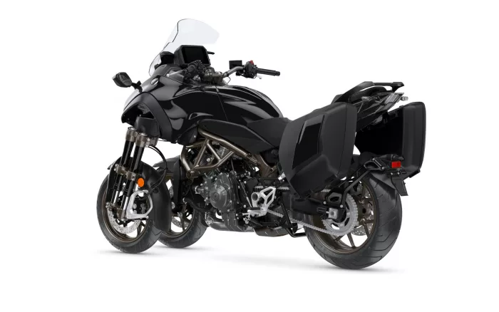 Black sport-touring motorcycle with a tall windshield, exposed trellis frame, and side hard cases, shown from a left-front angle against a white background.