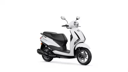 White scooter with black seat and silver mirrors on a white background (side/front-right angle)