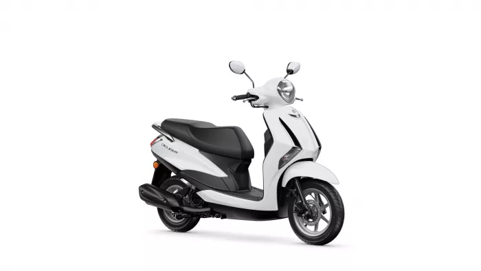 White scooter with black seat and silver mirrors on a white background (side/front-right angle)