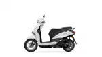 White and black motor scooter shown in side profile on a white background, with the 'Delight' logo on the rear panel and a black seat.