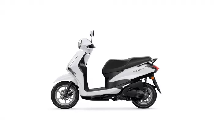 White and black motor scooter shown in side profile on a white background, with the 'Delight' logo on the rear panel and a black seat.