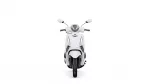 Front view of a white scooter against a white background, centered in the frame with handlebars and mirrors visible