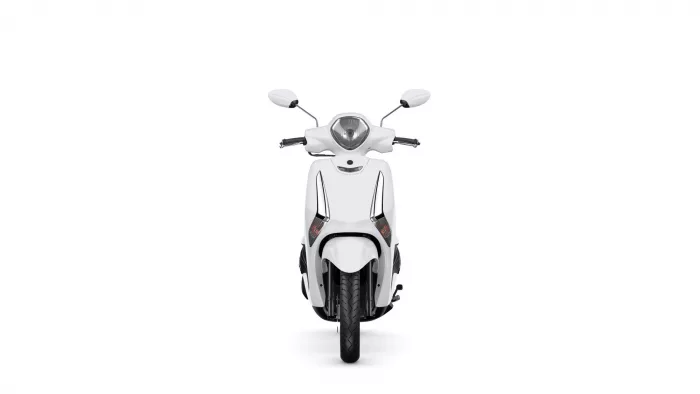 Front view of a white scooter against a white background, centered in the frame with handlebars and mirrors visible