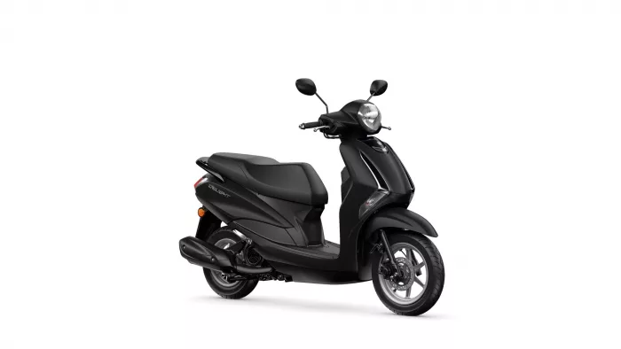 Side view of a glossy black scooter with two mirrors and a large headlight in front