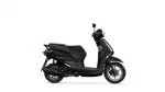 Side profile of a sleek black scooter showing seat, footboard, and front wheel