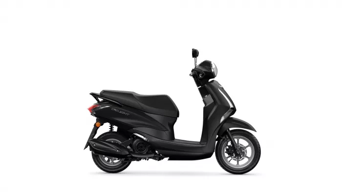 Side profile of a sleek black scooter showing seat, footboard, and front wheel