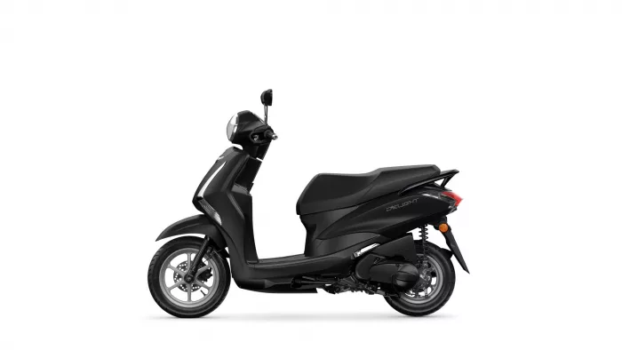 Left-side view of a sleek black scooter with a 'DELIGHT' badge on the rear panel and a visible seat and handlebars