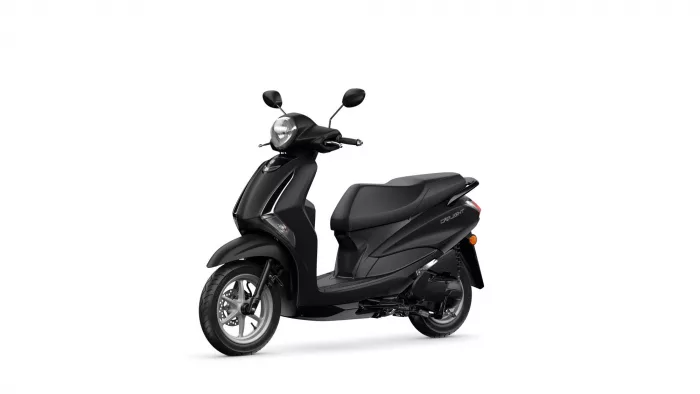 Black scooter angled for front and side view, with headlight and two rear-view mirrors visible on a white background