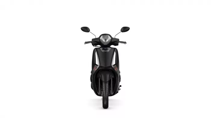 Front view of a black scooter facing the camera, centered on a white background with rearview mirrors visible on each side.