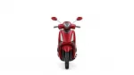 Front view of a bright red scooter with handlebars, mirrors, and headlight against a white background.