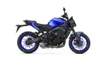 Left-side profile of a blue sport motorcycle with black frame and visible disc brakes and exhaust.