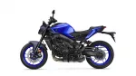 Side view of a blue and black sport motorcycle, showing engine, frame, and rode-wheel details against a white background on the left side of the frame.