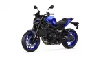 Blue sport motorcycle shown from a three-quarter front perspective, highlighting the blue fuel tank, black frame, and front disc brakes with blue rims.