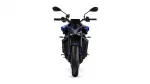 Front view of a blue sport motorcycle facing the camera, with black handlebars and side mirrors visible