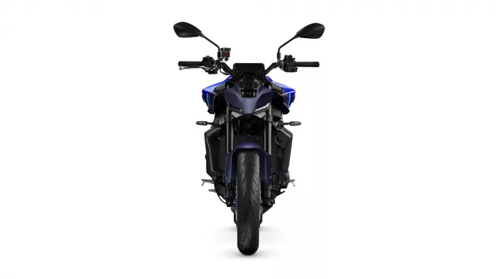 Front view of a blue sport motorcycle facing the camera, with black handlebars and side mirrors visible
