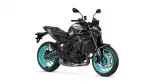 Sport motorcycle in gray and black with turquoise rims, viewed from the front-right side