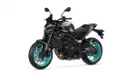Sport motorcycle in a three-quarter view with black body, teal accents and turquoise wheels, facing left side on white background