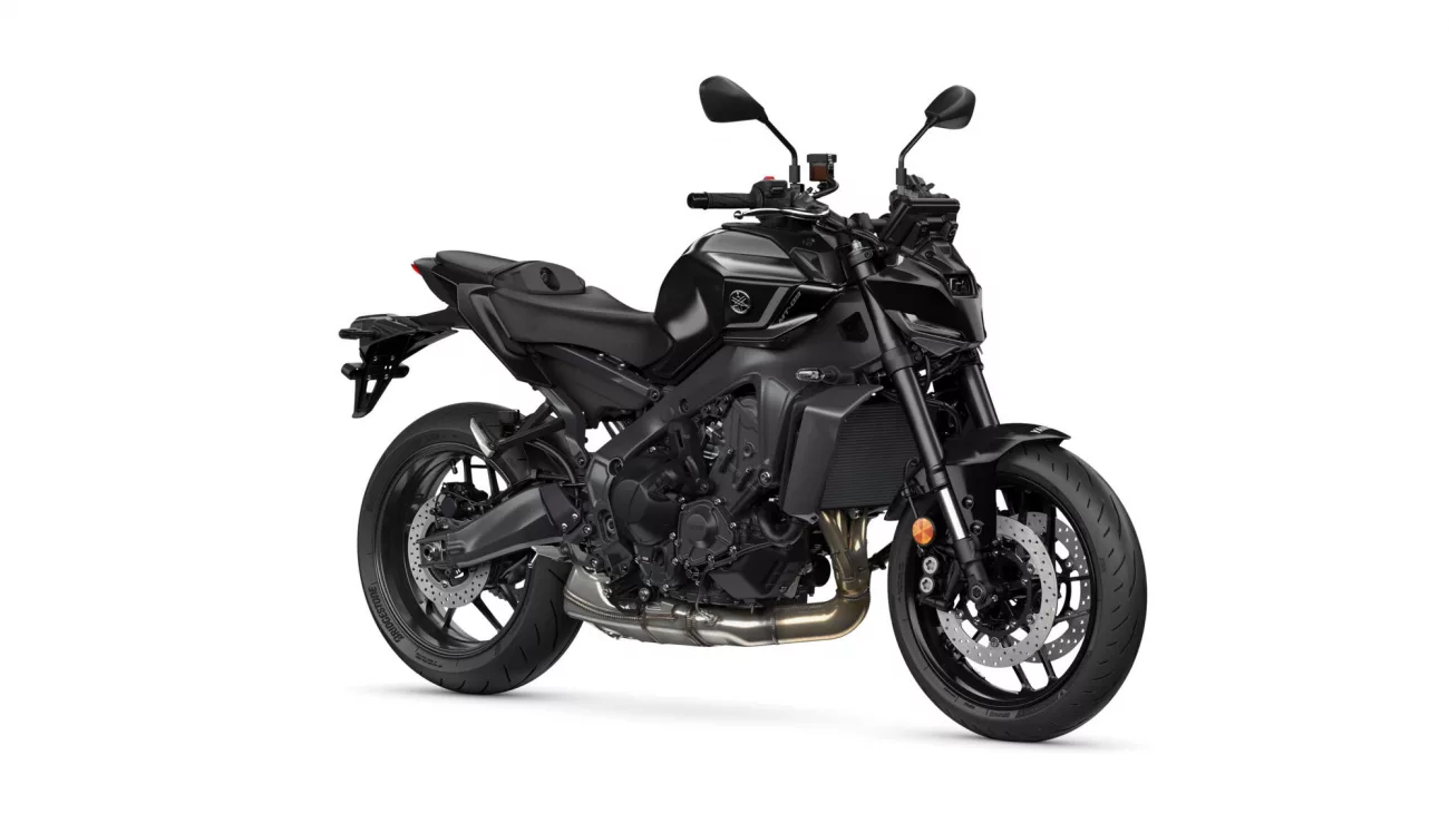 Black Yamaha sport motorcycle shown in a three-quarter front view against a white background.