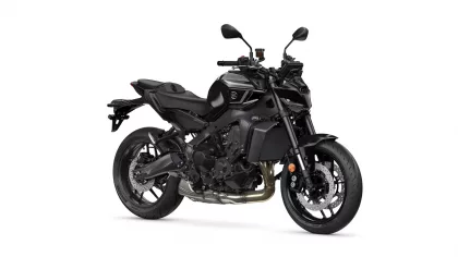 Black Yamaha sport motorcycle shown in a three-quarter front view against a white background.