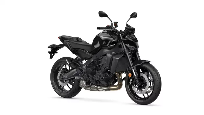 Black Yamaha sport motorcycle shown in a three-quarter front view against a white background.