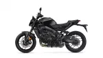Black sport motorcycle shown in side profile with disc brakes and exposed engine details on a white background