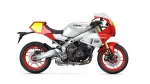 Yamaha XSR900 GP sport motorcycle shown in profile with red wheels and white body.