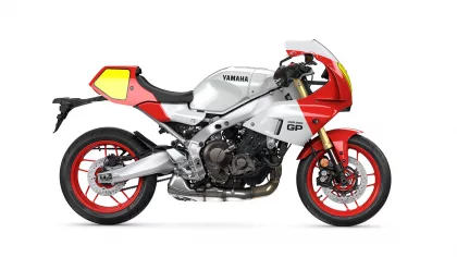 Yamaha XSR900 GP sport motorcycle shown in profile with red wheels and white body.