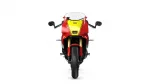 Front view of a red sport motorcycle with yellow accents, prominent windscreen, and side mirrors on either side of the handlebars.