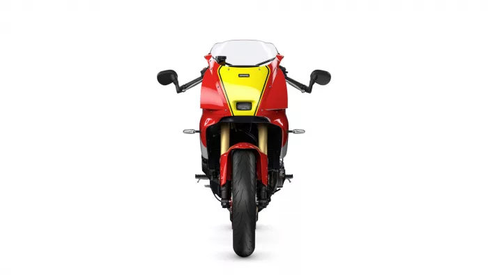 Front view of a red sport motorcycle with yellow accents, prominent windscreen, and side mirrors on either side of the handlebars.