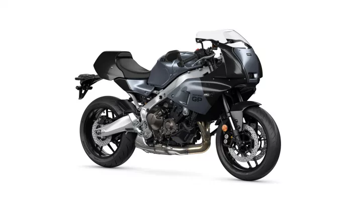 Yamaha XSR900 GP sport motorcycle with a gray and black body, exposed engine, and large front fairing/windshield ideal for high-speed riding.