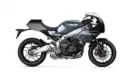 Side view of a silver Yamaha XSR900 GP sport motorcycle, showing the sleek fairing and exposed engine.