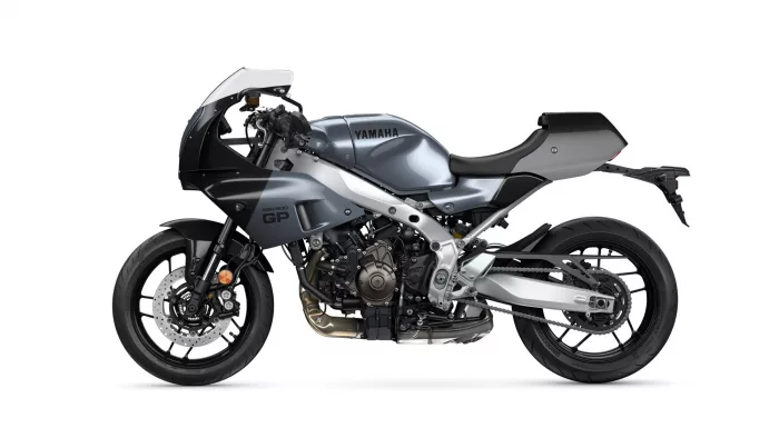 Yamaha XSR900 GP sport motorcycle shown in side profile with silver/gray bodywork and exposed engine details
