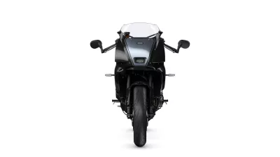 Front view of a black sport motorcycle facing the camera, showing the headlight area and windscreen.