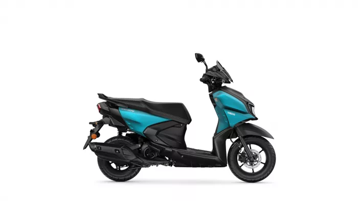 Teal and black Yamaha scooter shown from the side on a white background.