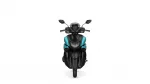 Front view of a black-and-teal sport scooter with a windscreen and rearview mirrors.