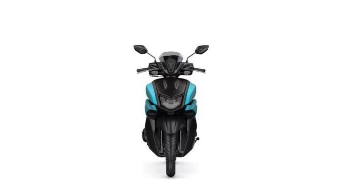 Front view of a black-and-teal sport scooter with a windscreen and rearview mirrors.