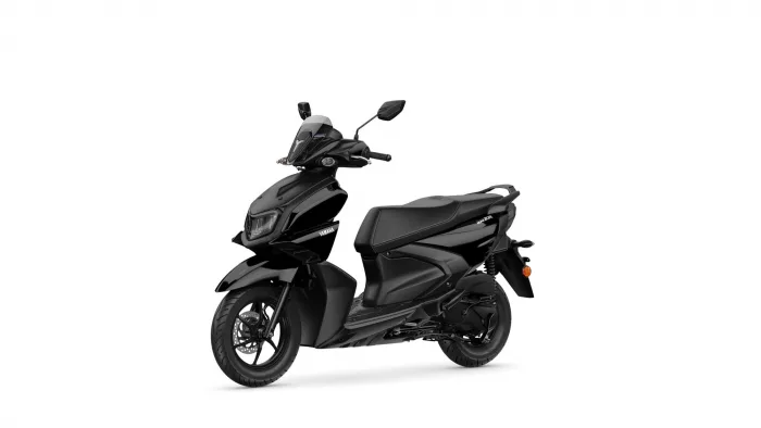 Black Yamaha scooter shown from front-right with windshield and dual headlights, on white background.