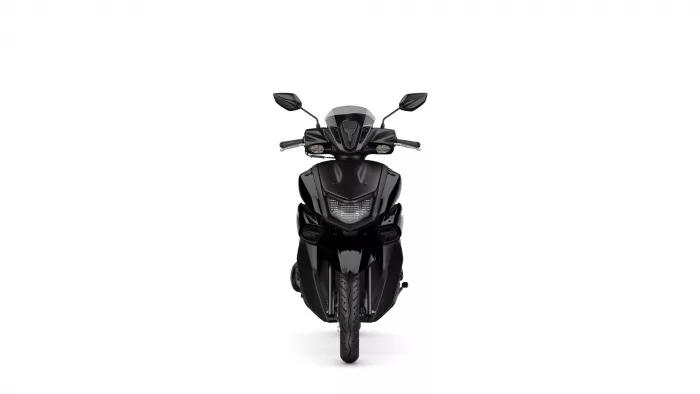 Front view of a black motorcycle facing the camera with windshield and mirrors visible on either side.
