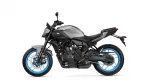 Yamaha MT-07 sport motorcycle, gray and black body with bright blue rims, left side view