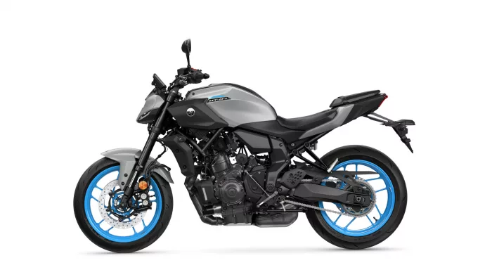 Yamaha MT-07 sport motorcycle, gray and black body with bright blue rims, left side view