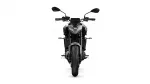 Front view of a Yamaha motorcycle facing the camera, showing its aggressive gray/black body, handlebars, mirrors, and front tire on a white background.