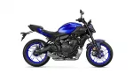 Blue sport motorcycle shown in side profile with blue rims and black frame (partial foreground)