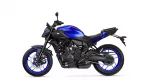 Blue Yamaha MT-07 sport motorcycle shown in a side view, exposing the engine, frame, and blue rims