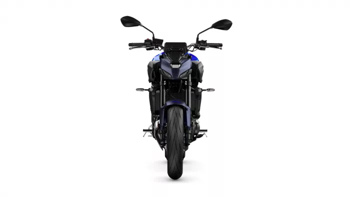 Front view of a blue sport motorcycle facing the camera on a white background, with black handlebars and mirrors.