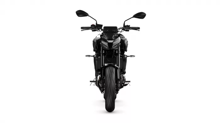 Front view of a black Yamaha sport motorcycle with angular bodywork, mirrors, and a wide front tire against a white background.