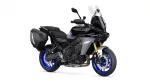 Adventure sport motorcycle with side panniers and tall windscreen, blue rims, on a white background.