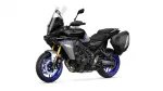 Black and silver Yamaha sport-touring motorcycle with blue rims and panniers, shown from front-right axis