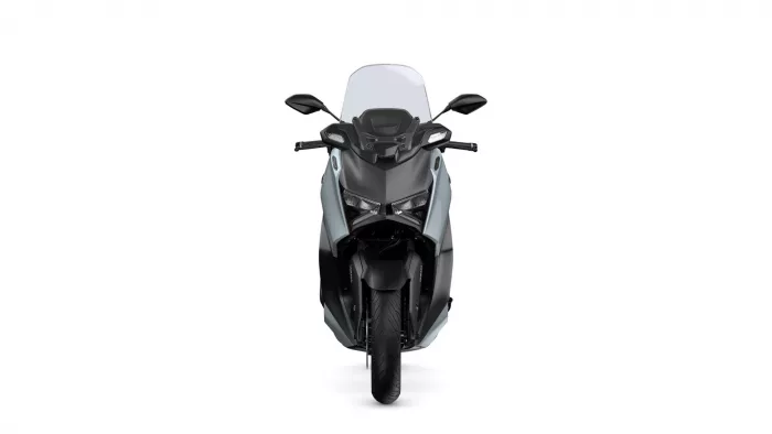 Front view of a modern sport motorcycle with a tall windscreen and angular headlights